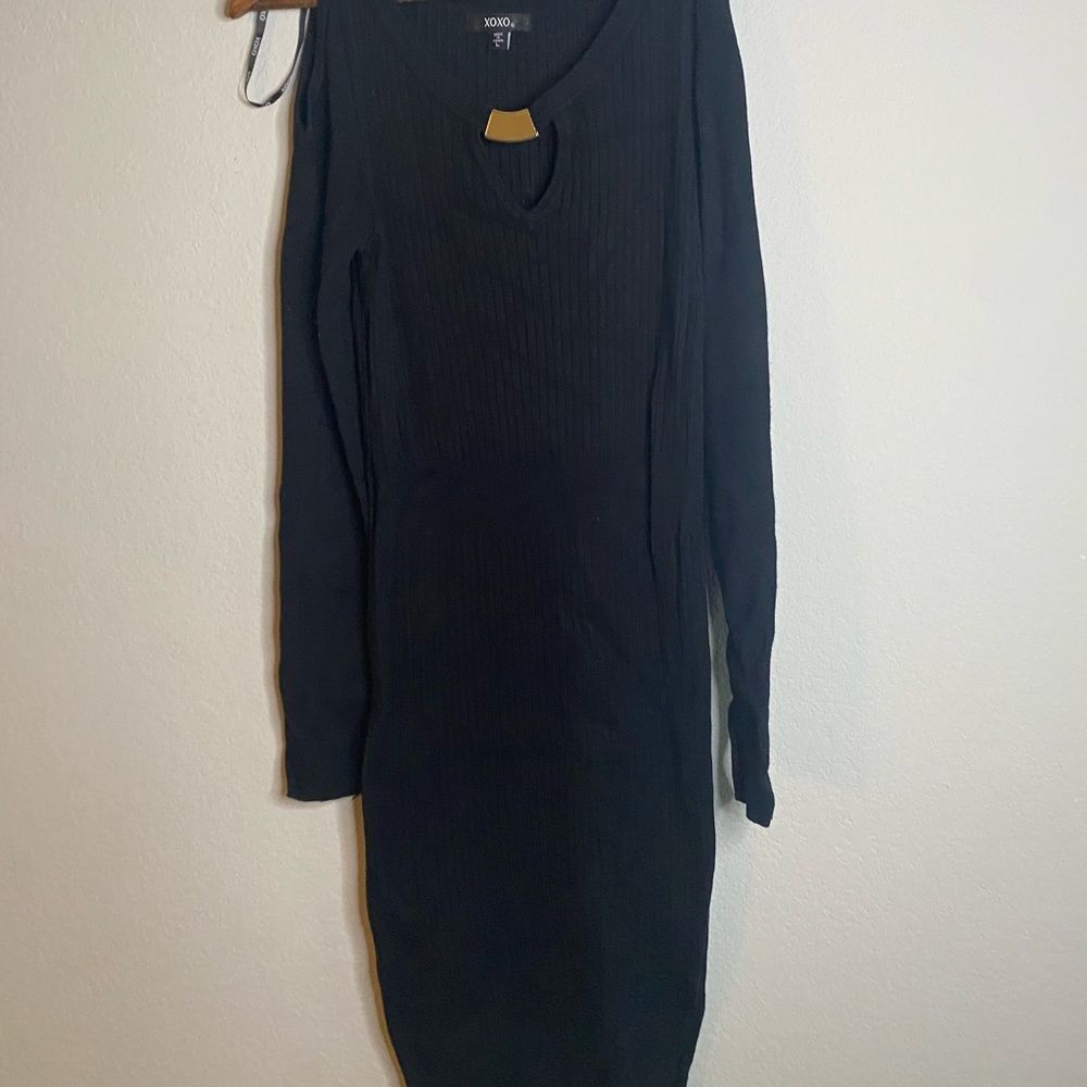 XOXO black sweater ribbed dress with cold shoulder cinch waist junior’s Large